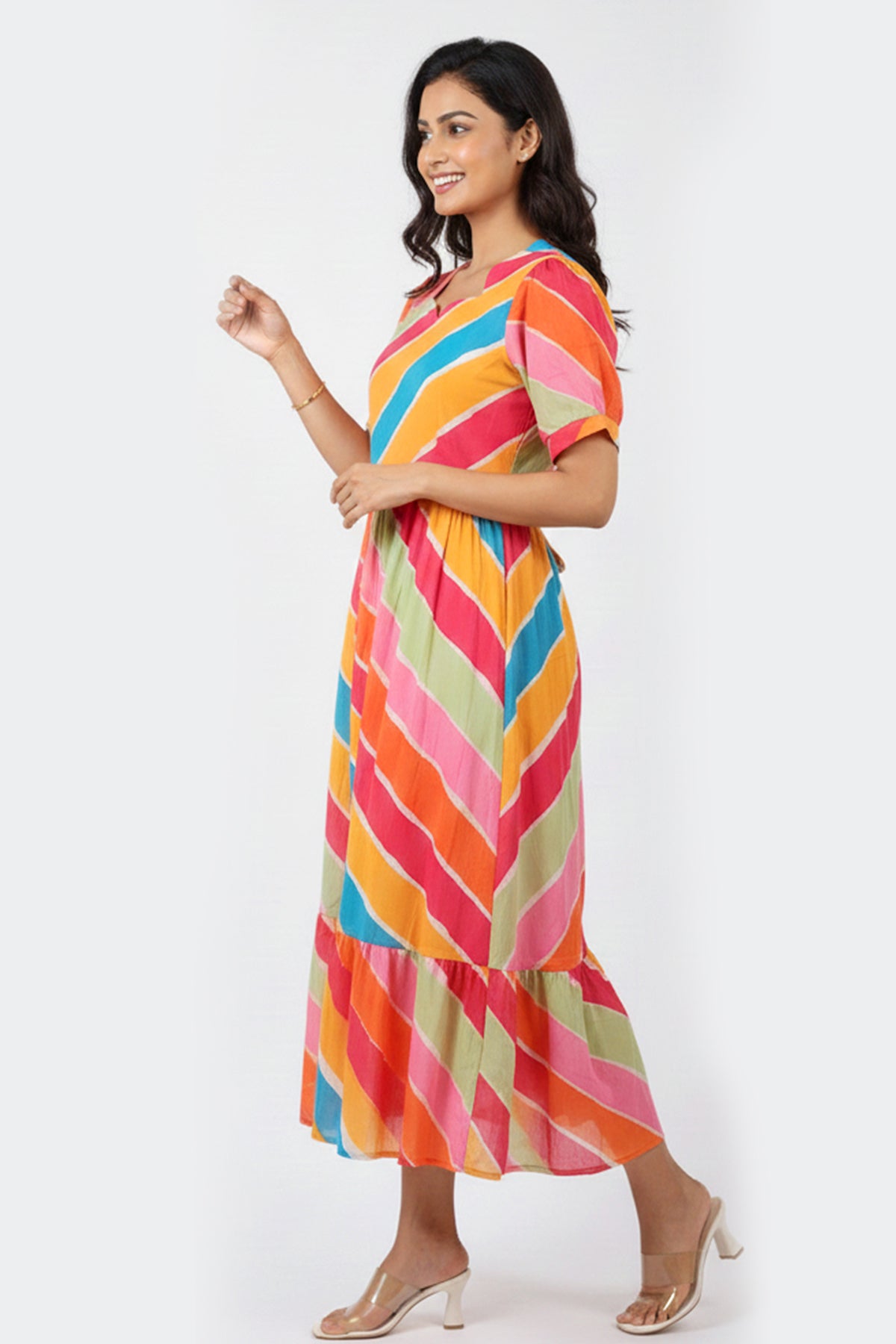 Multicolour Stripe Cotton A-Line Midi Dress