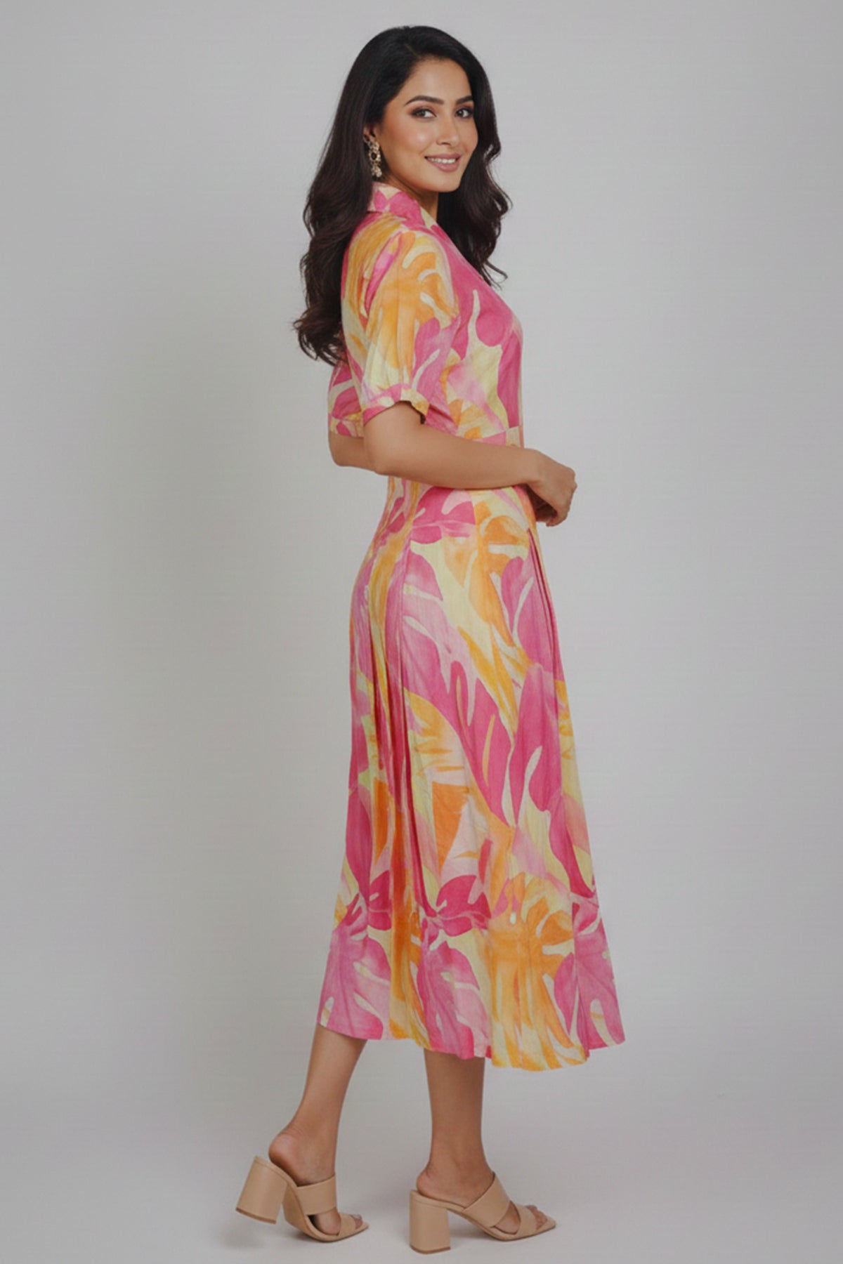 Pink & Yellow Tropical Print Cotton A-Line Midi Dress with Shirt Collar