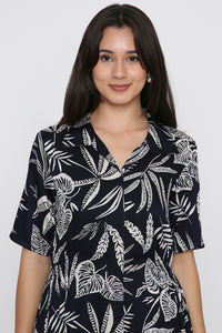 Deep Navy Leaf Print Shirt Dress