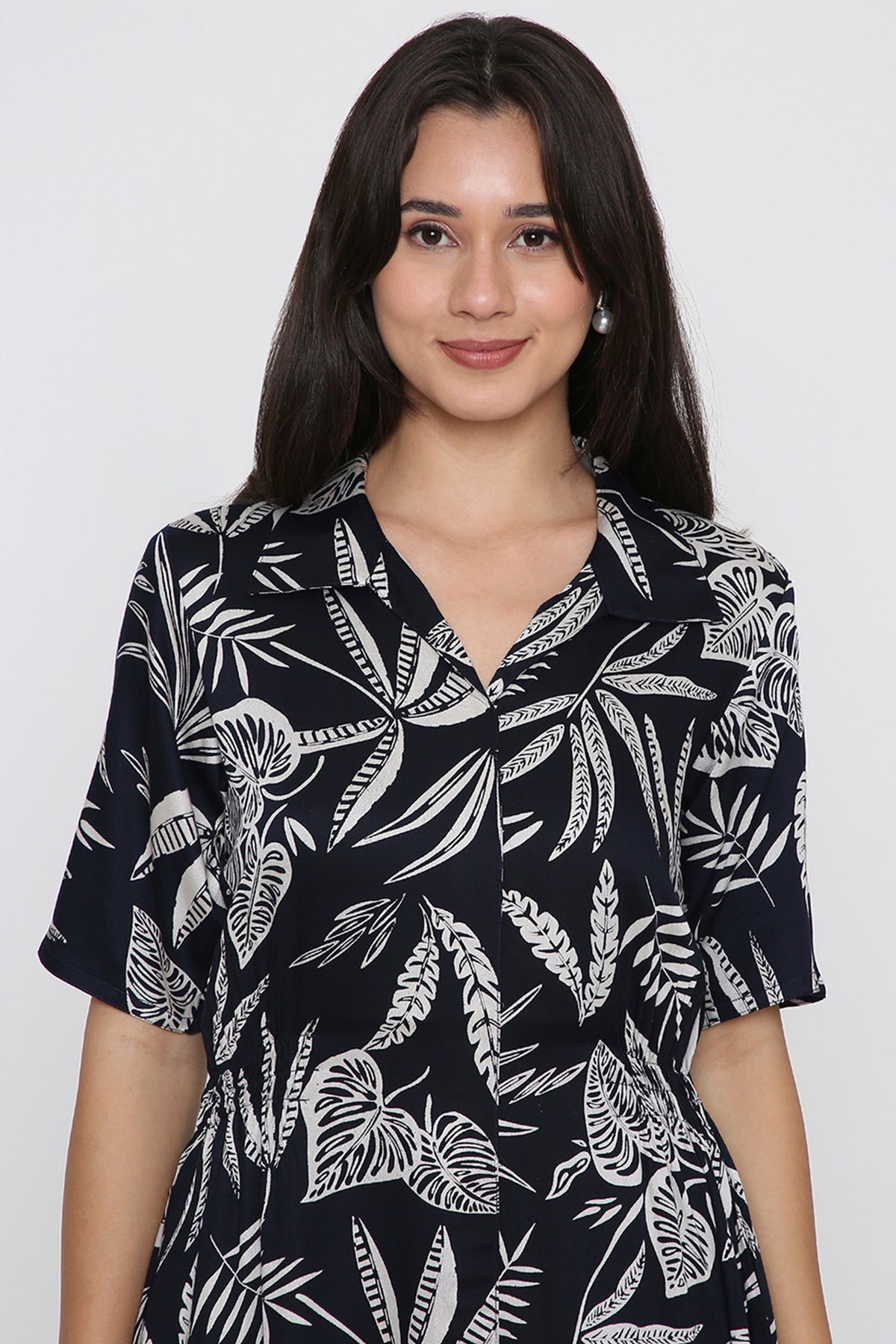 Deep Navy Leaf Print Shirt Dress