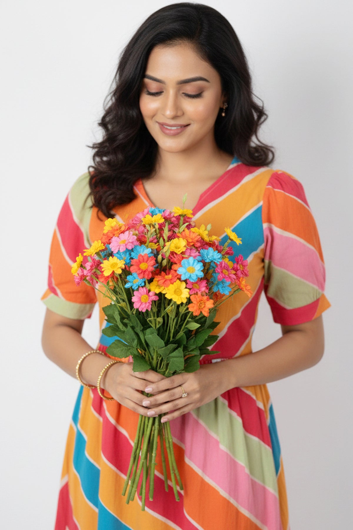 Multicolour Stripe Cotton A-Line Midi Dress