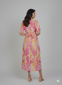 Pink & Yellow Tropical Print Cotton A-Line Midi Dress with Shirt Collar