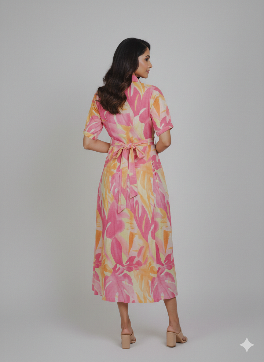 Pink & Yellow Tropical Print Cotton A-Line Midi Dress with Shirt Collar
