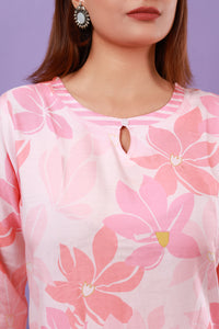 Floral Pink Viscose Silk Kurti with Pants, Set