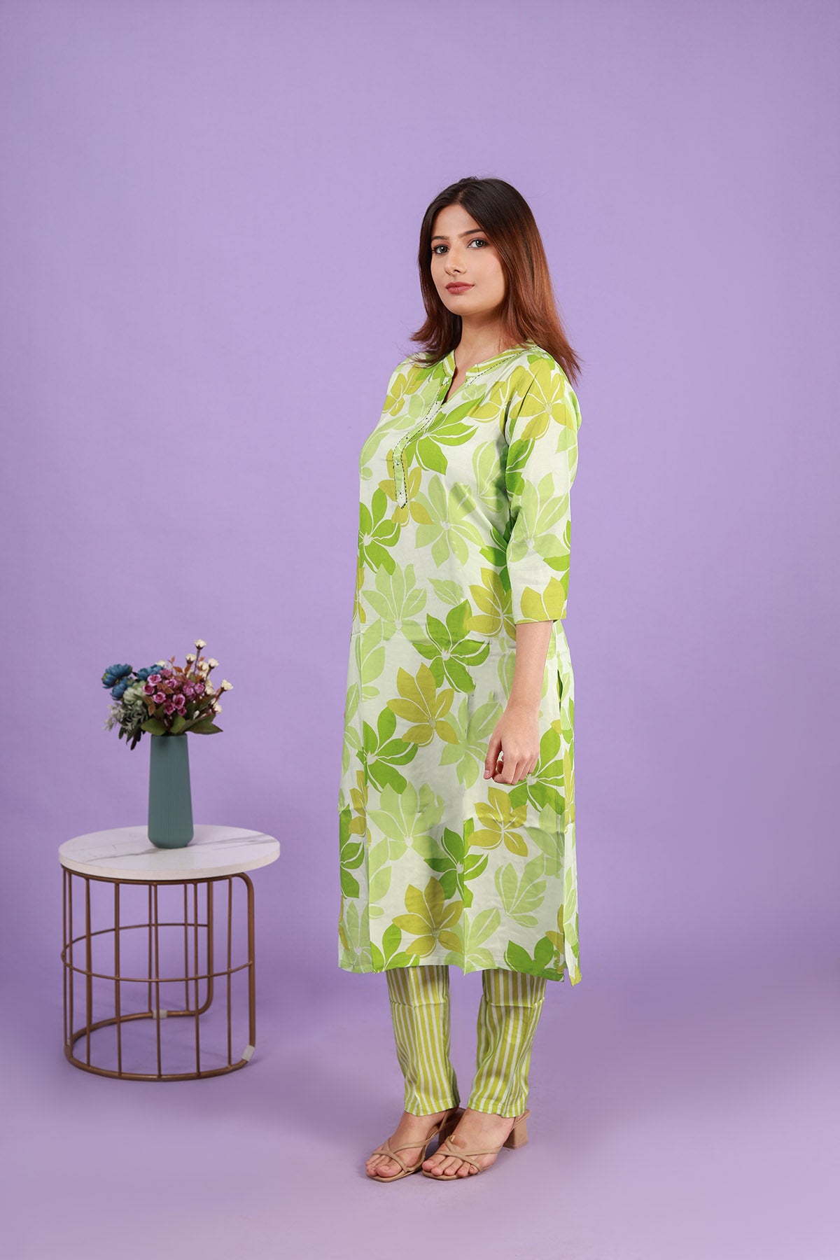 Floral Gren Viscose Silk Kurti with Pants, Set