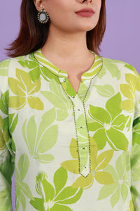 Floral Gren Viscose Silk Kurti with Pants, Set