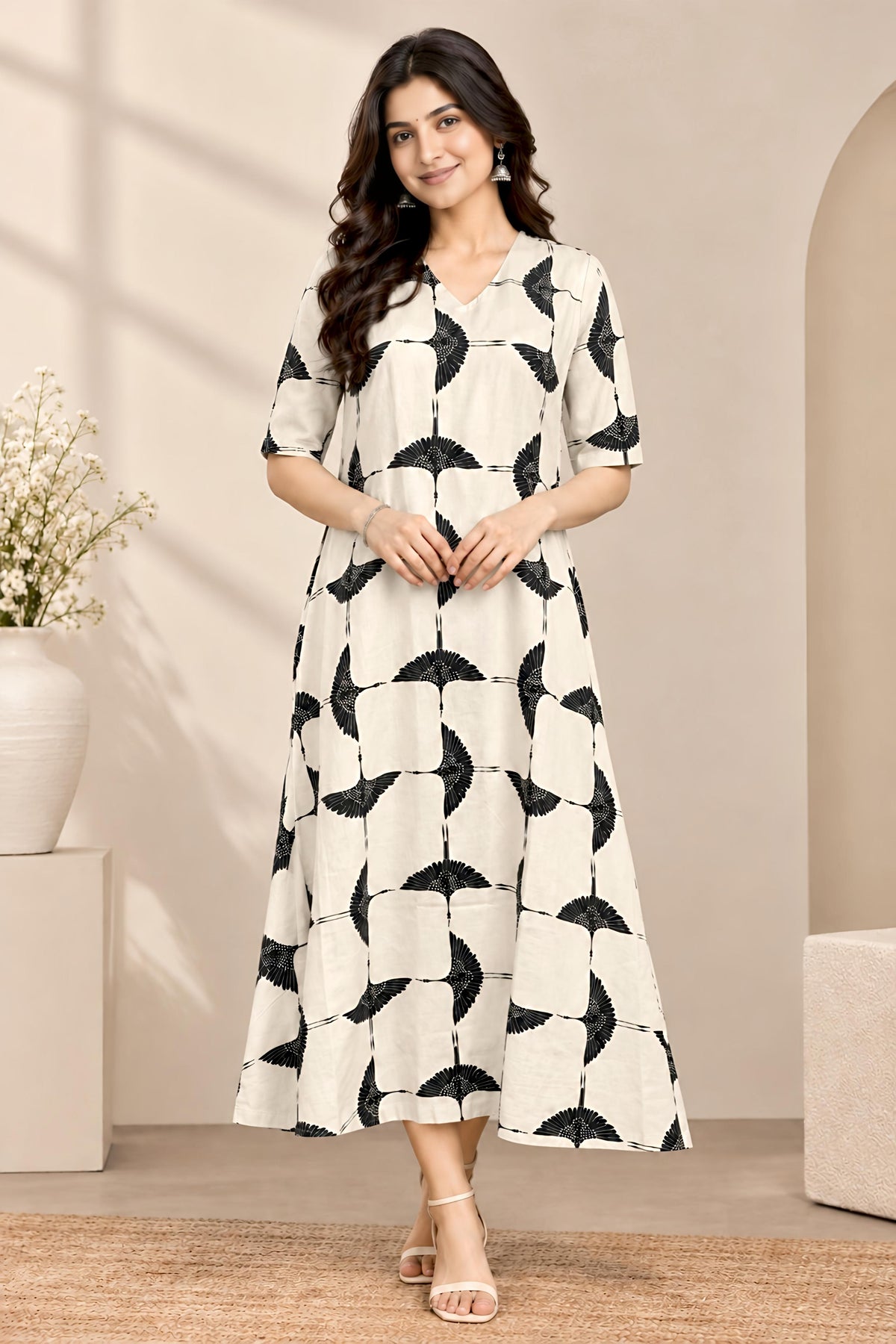 Beige Feather A Line Midi Dress