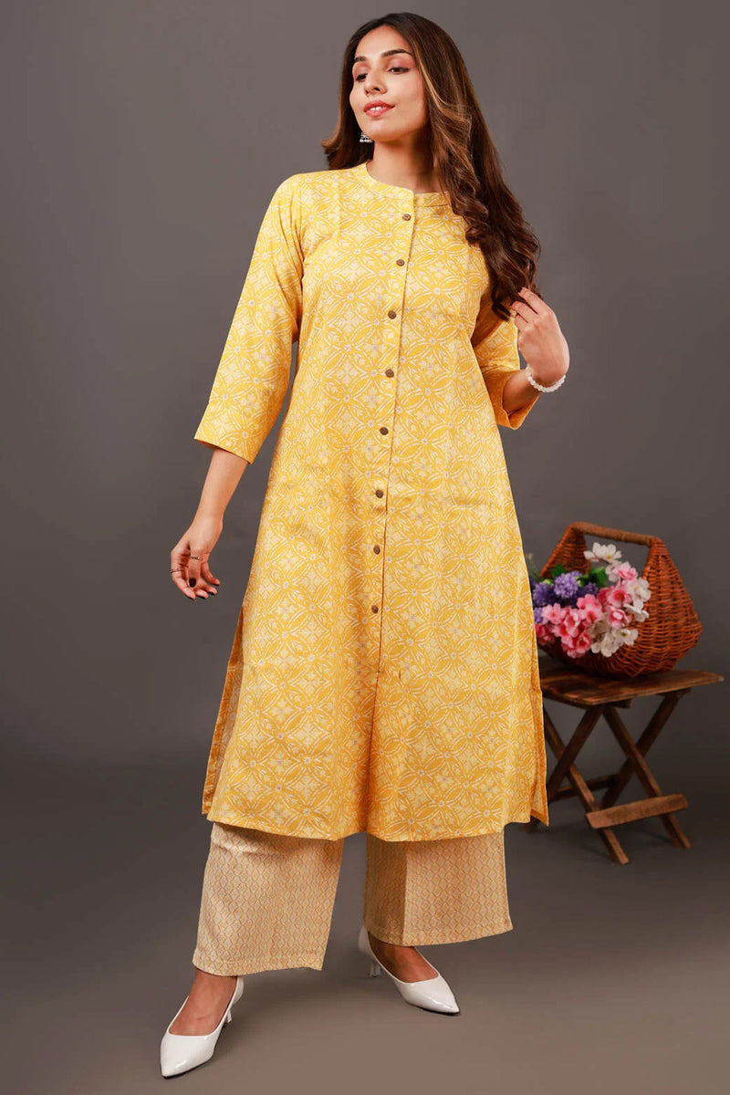 Printed Yellow Kurti with Plazzo Set