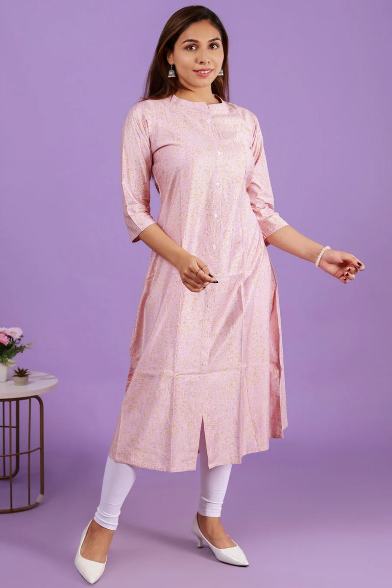 Princess cut kurti with side pocket - Mauve with golden print design