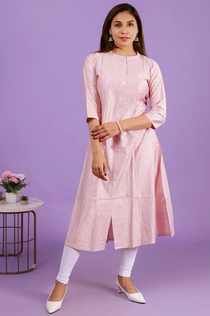 Princess cut kurti with side pocket - Mauve with golden print design