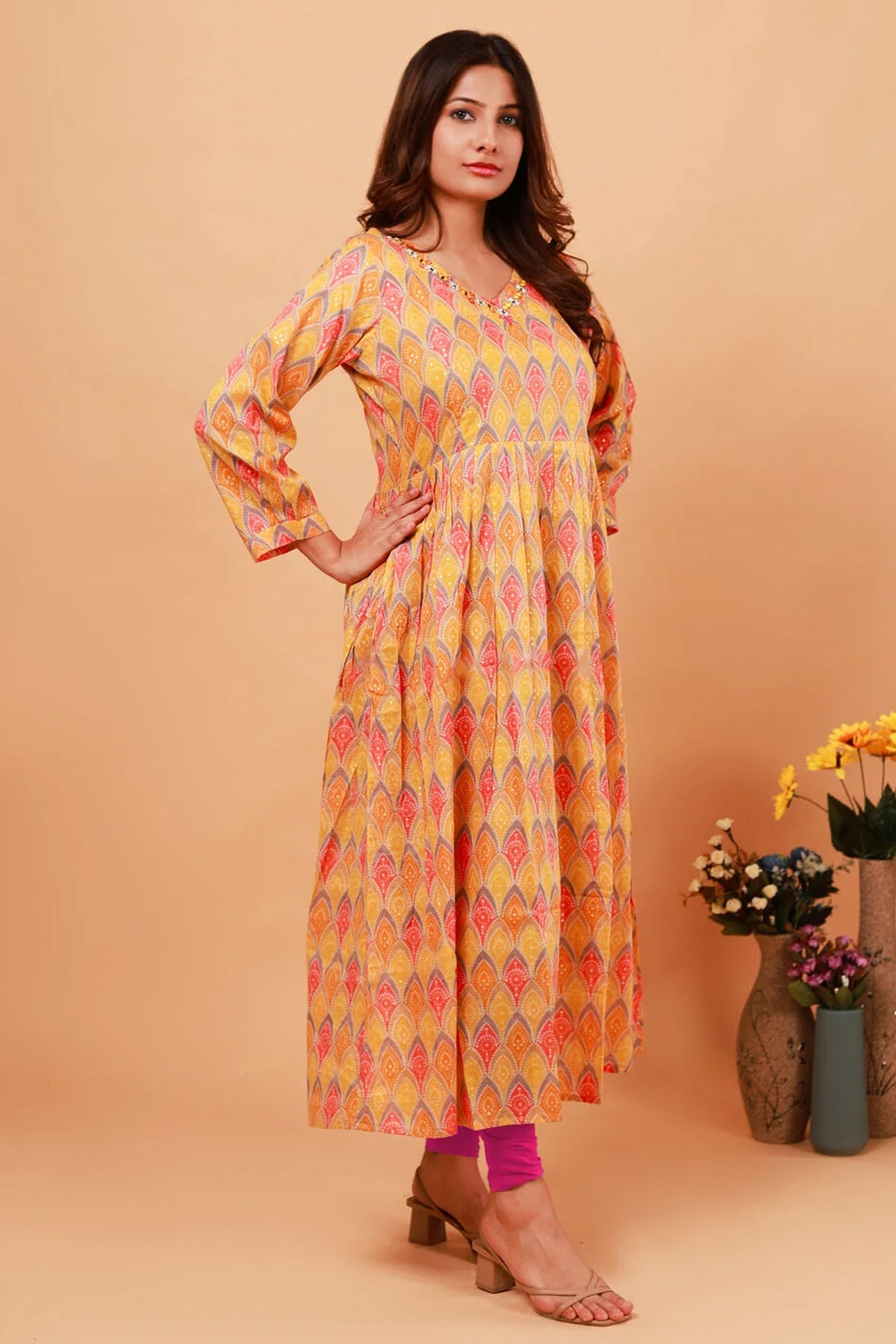 Yellow Flared Kurti - Mal Cotton